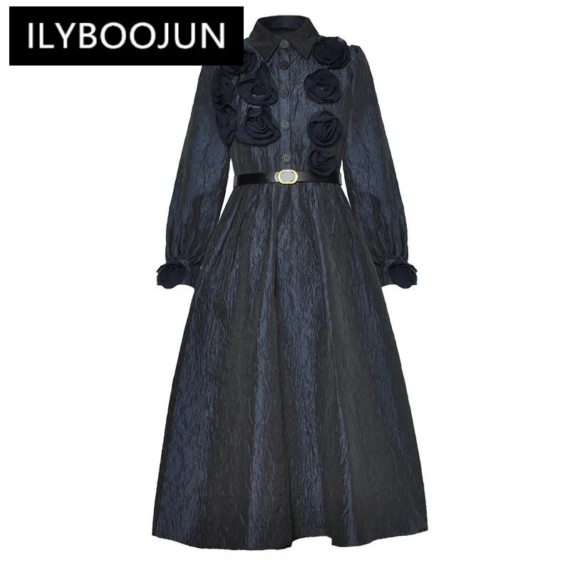 

ILYBOOJUN Fashion Designer Winter Women's Dress Long sleeved Applique Lace up Jacquard Vintage Elegance Ball Gown Dresses