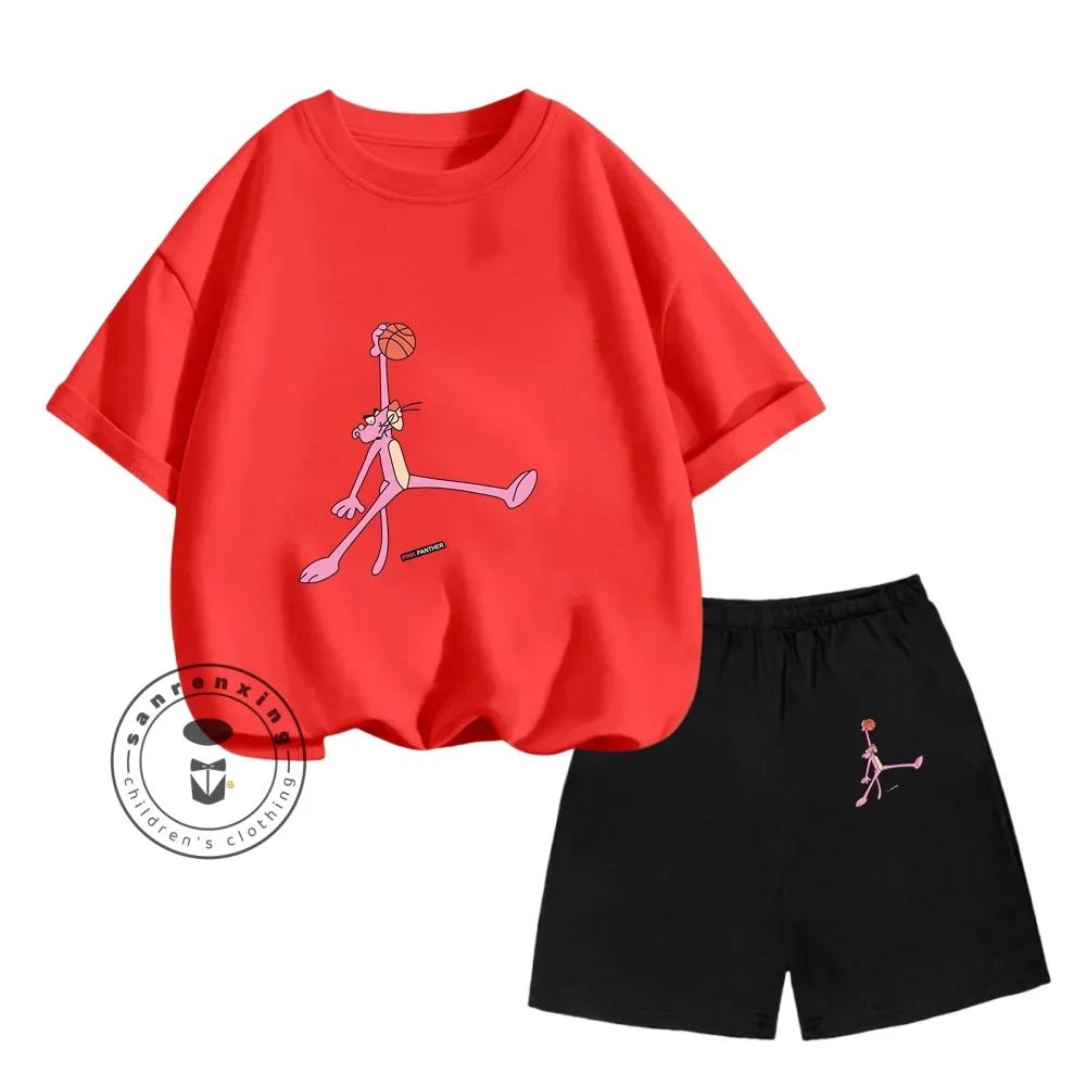 American cartoon ANIMATIONS Pink Panther print suit o-neck cute short sleeve +Korean shorts children's trend personality suit