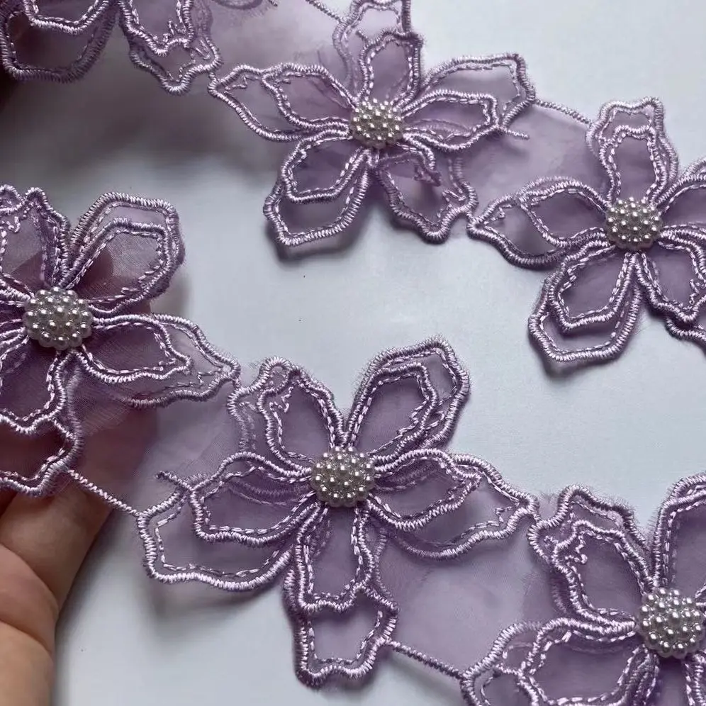 

1 Yard 7.5cm Purple Pearl Beaded Embroidered Flower Lace Trim Floral Applique Patches Fabric Sewing Craft Vintage Wedding Dress