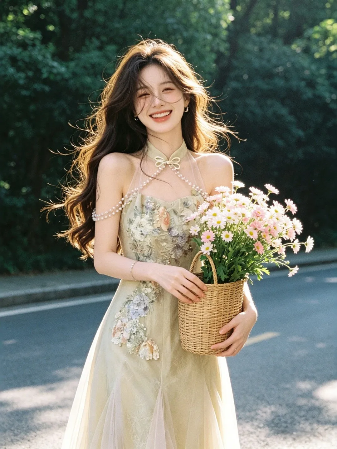 

Elegant Summer Sleeveless Women's Dress Cotton Gauze Slim Fit Hanging Neck Design Non-Repeating Pattern Fairy Skirt Style