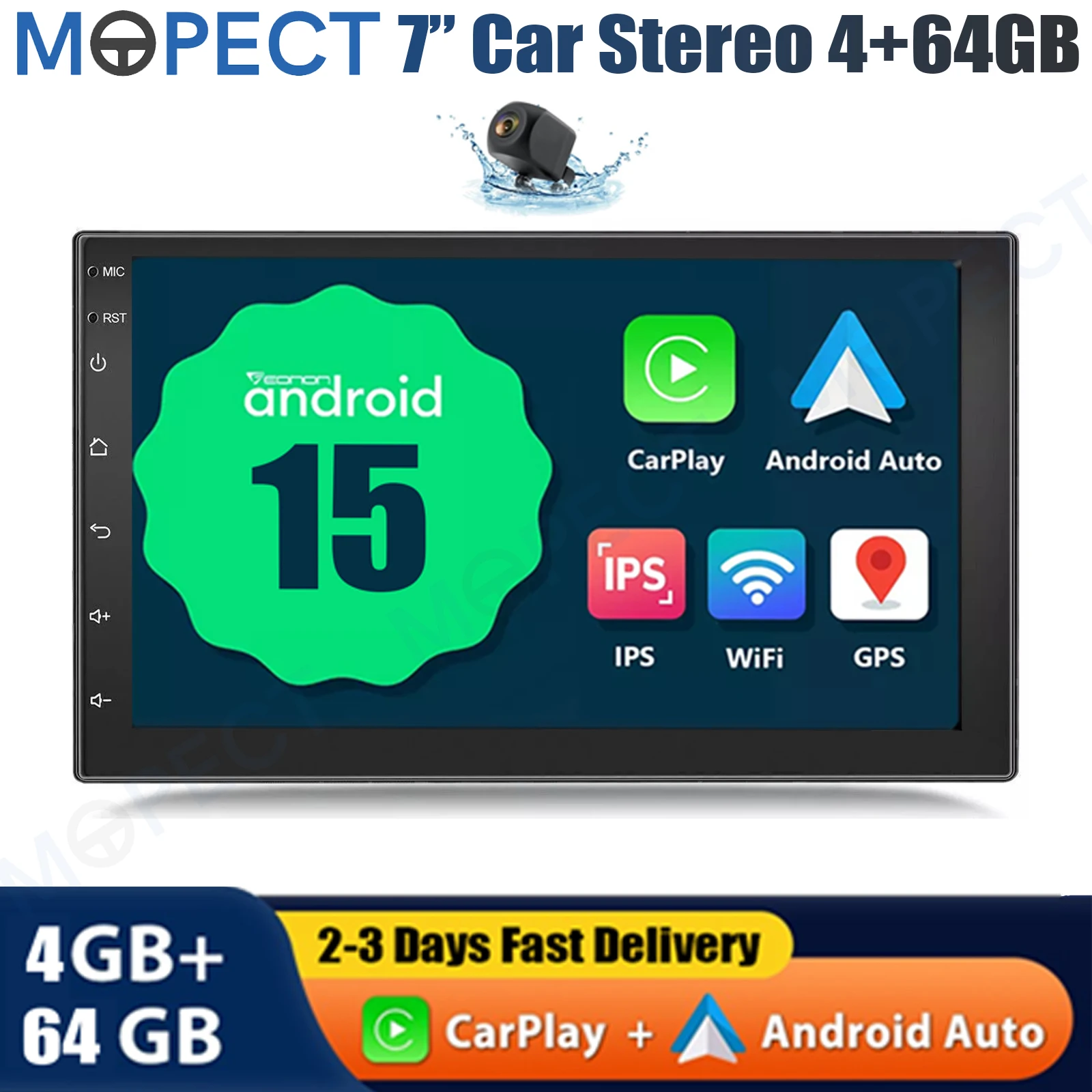 MOPECT 7 Inch Universele Autostereo Radio Dubbele 2 DIN Android 15 CarPlay 4+64G GPS Navigatie Touchscreen Bluetooth AM/FM SWC+DAB&AHD