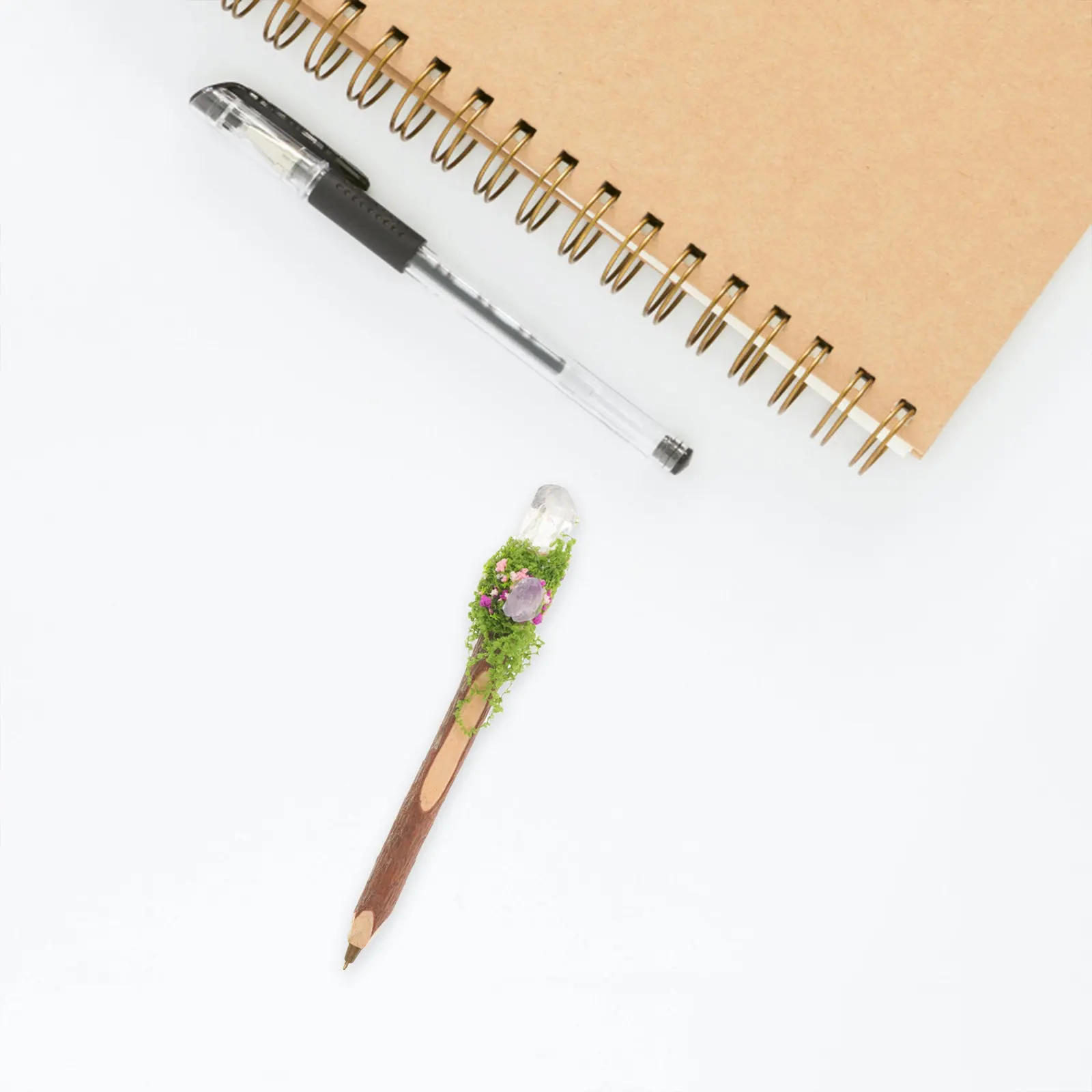 Wood Ballpoint Pen with Rustic Tree Bark Texture and Crystal Top, 0.7mm Medium Point, Smooth Black Ink