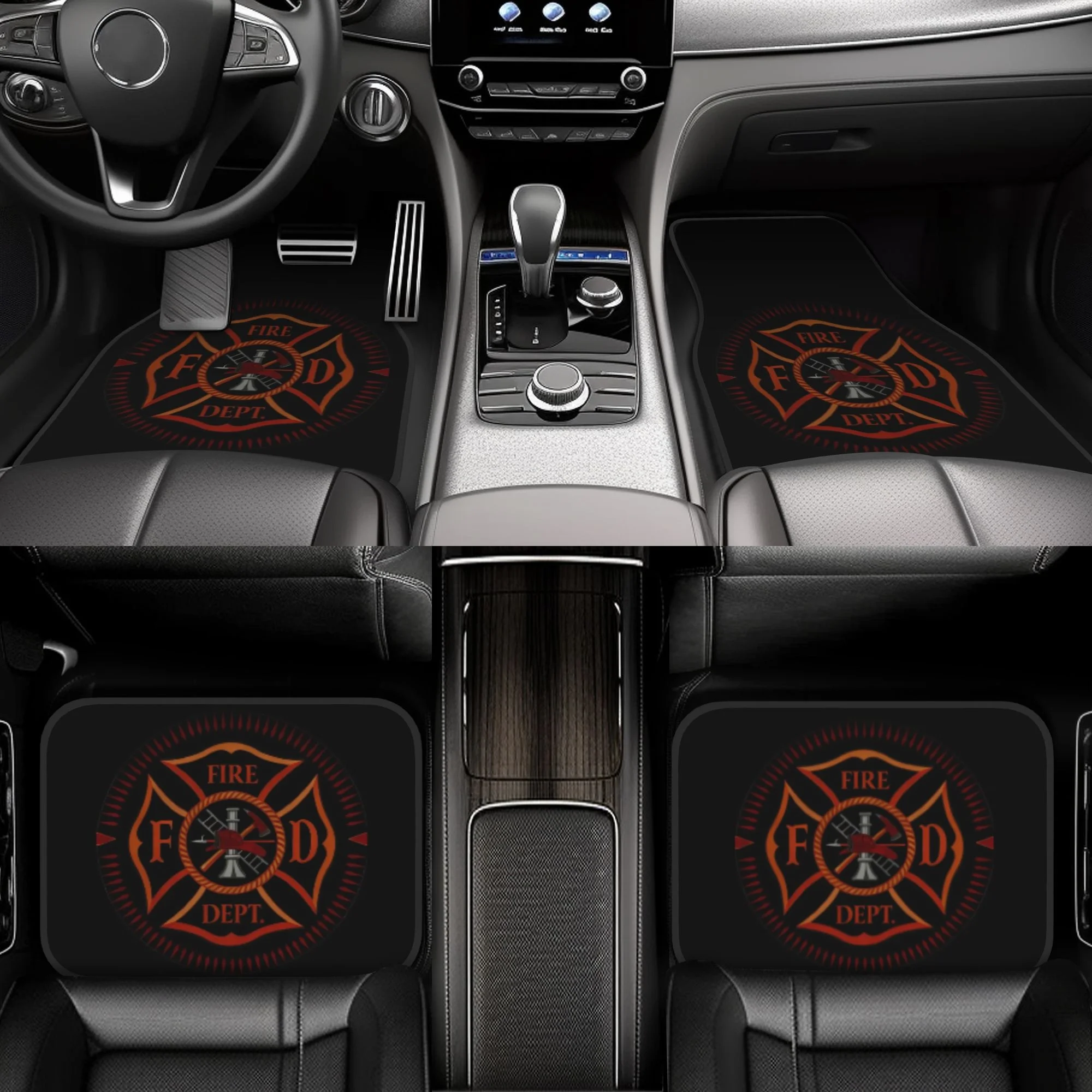 4pcs Firefighter Honor Badge Pattern Car Mats - Honor Badge - Flame Cross Theme Design - Durable Material, Easy To Clean, All-We