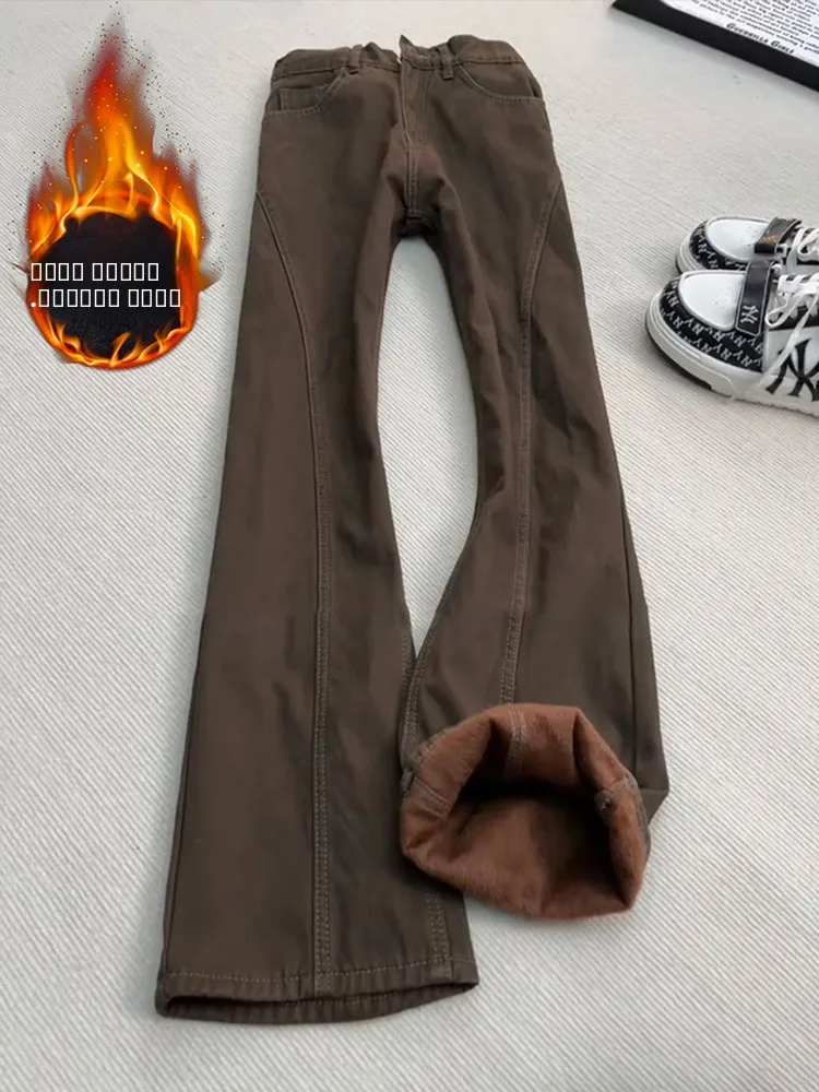 

Thickened Fleece Lined Men's Straight Leg Jeans Winter Vintage Pure Cotton Workwear Trousers American Style Angle Cut