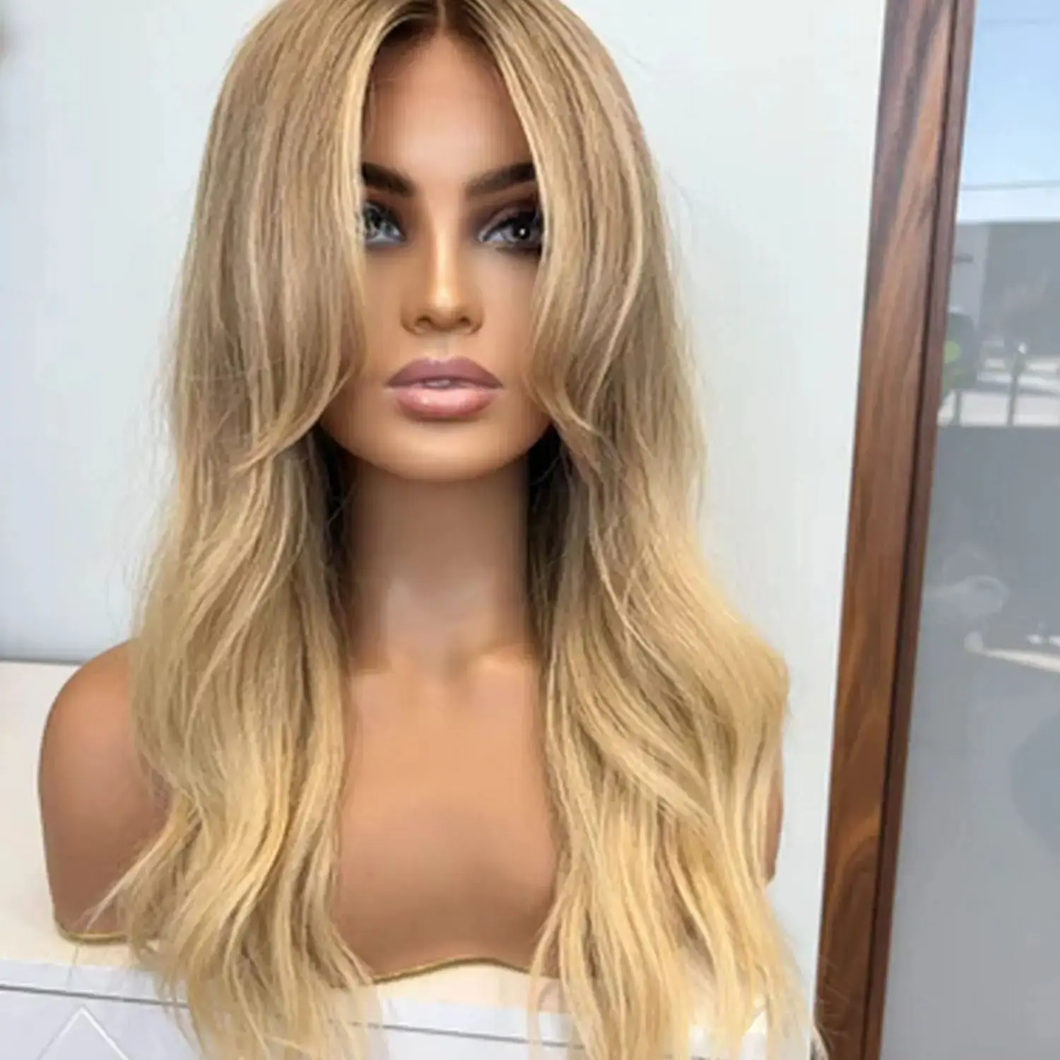24 Inches Ombre Ash Blonde Shadow Roots Highlight Wig Soft Wave Wig High Quality Synthetic HD Lace Front Wig Preplucked Hairline