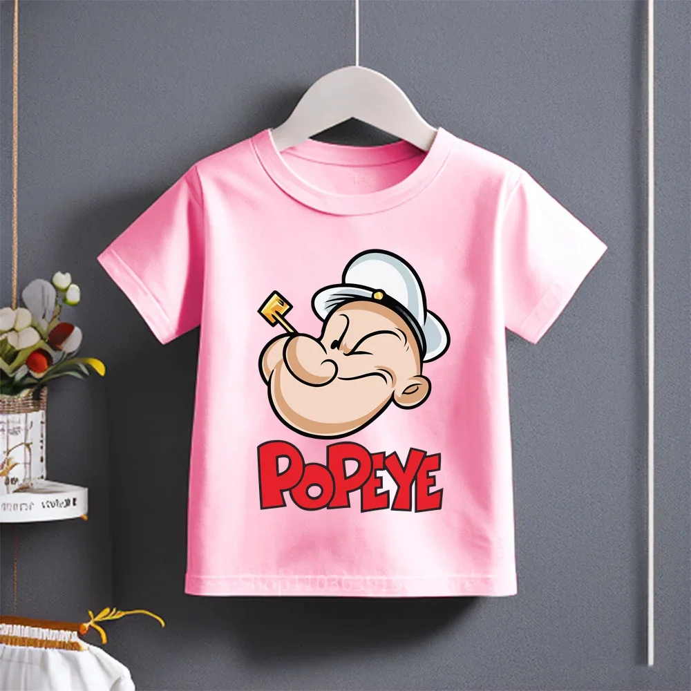 Cute Cartoon Popeye Printed Cotton T-shirt for Kids Ages 3-14, Stylish and Casual for Summer Wear