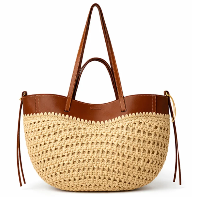 

Повседневная соломенная сумка-тоут для женщин, новая, в стиле пэчворк, плетеная, летняя пляжная сумка 2-в-1 на плечо с внутренним карманом, сумка-корзина для покупок