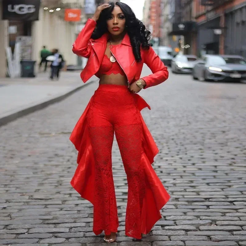 

GUWU Women Fashion Lace See Through Side Ruffles Long Pants High Waist Slim Streetwear Basic Casual Trousers