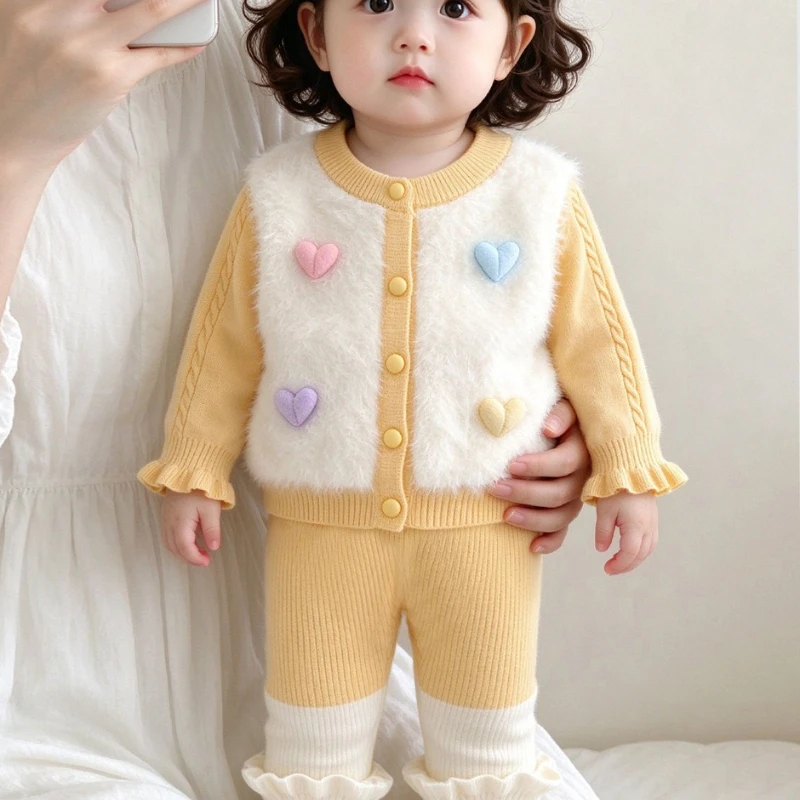 Girls' 2026 New Autumn/Winter Fashionable Women's Treasure Splicing Love Sweater Vest Western Cute Warm Set