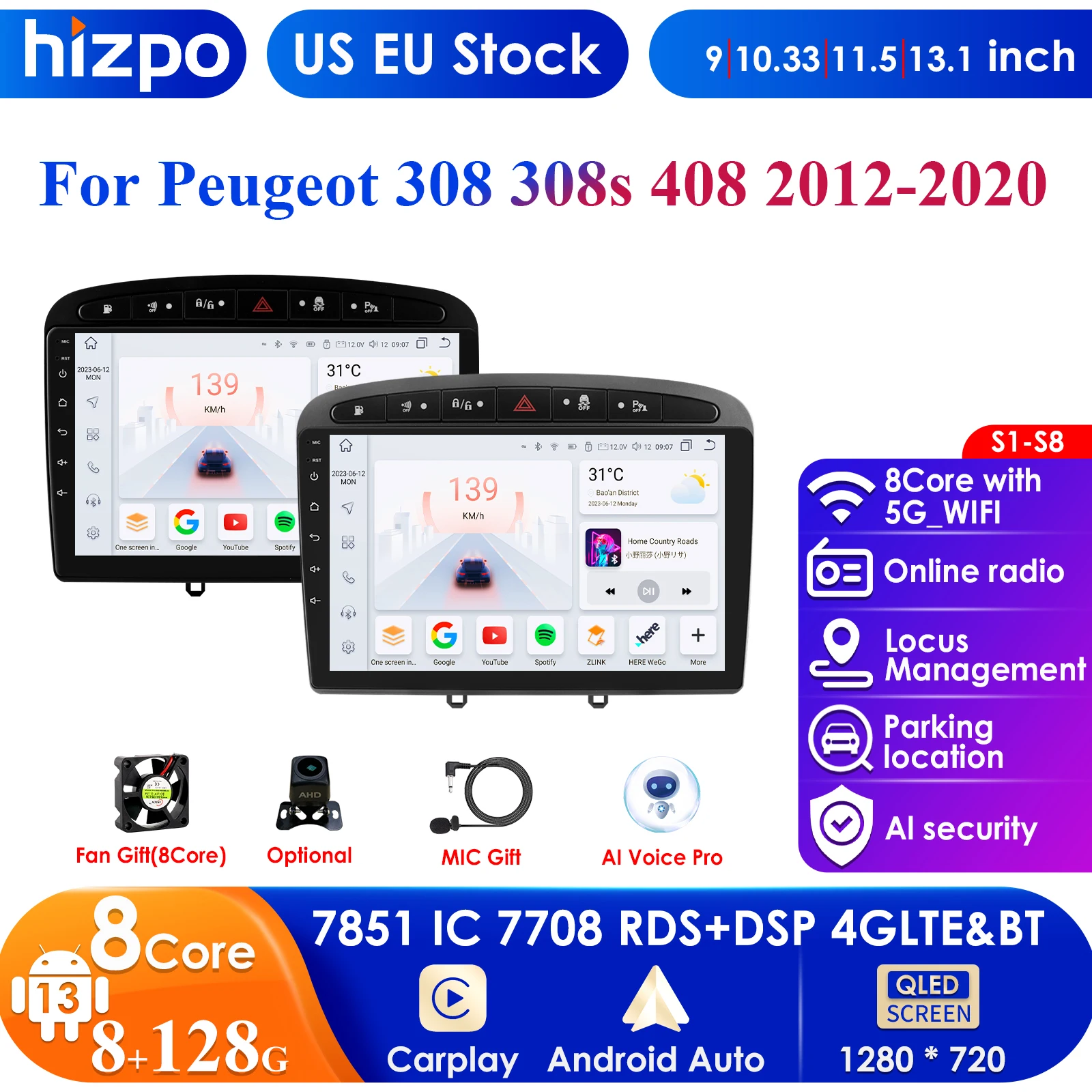 Hizpo 4G 9'' 10.33'' AI Intelligent Systems CarPlay Android Auto Radio for Peugeot 308 308SW 408 2012-2020 Car Multimedia GPS BT