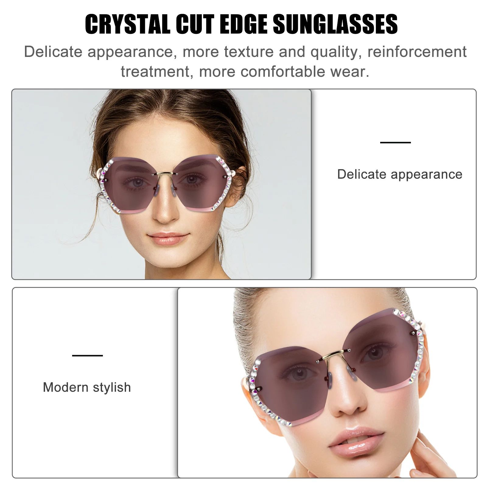 

Uv Protection Sunglasses For Women, Frameless Design With Crystal Trim, Fashionable Beach Travel Eyewear, Photo Props Accessory