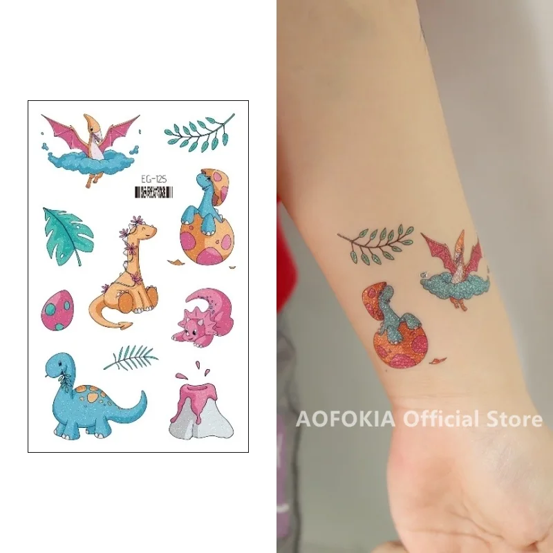 Cute Dino Glitter Temporary Tattoo Kids Cartoon Dinosaur Sticker Disposable Children Gift Party Make Up tatouage temporaire