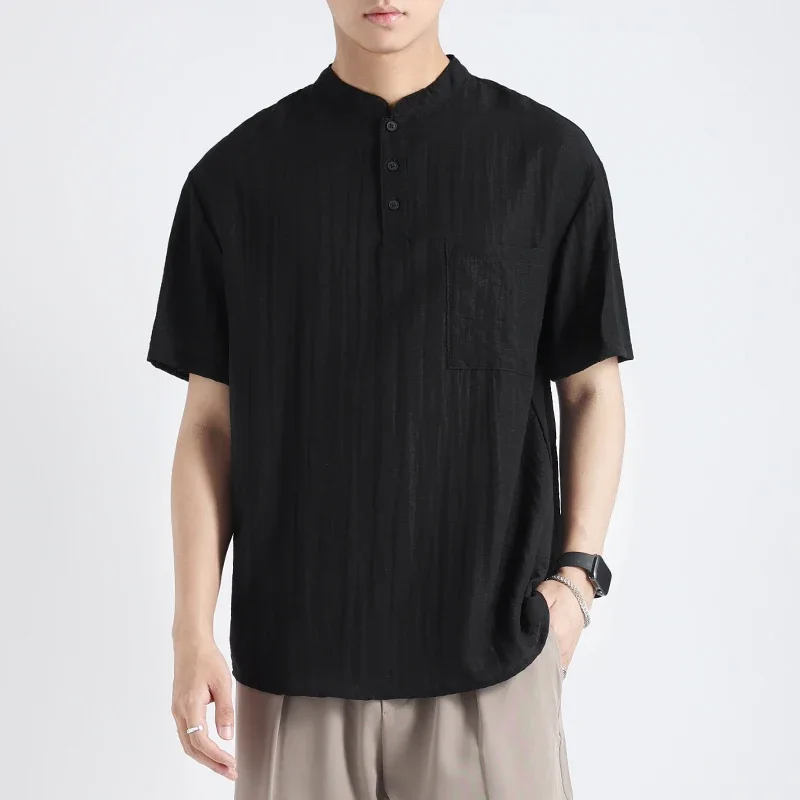 TFETTERS Henry Collar Linen Shirt Men 2026 Summer Casual Solid Color Short Sleeve Men Shirt with Pocket Cool Breathable Top