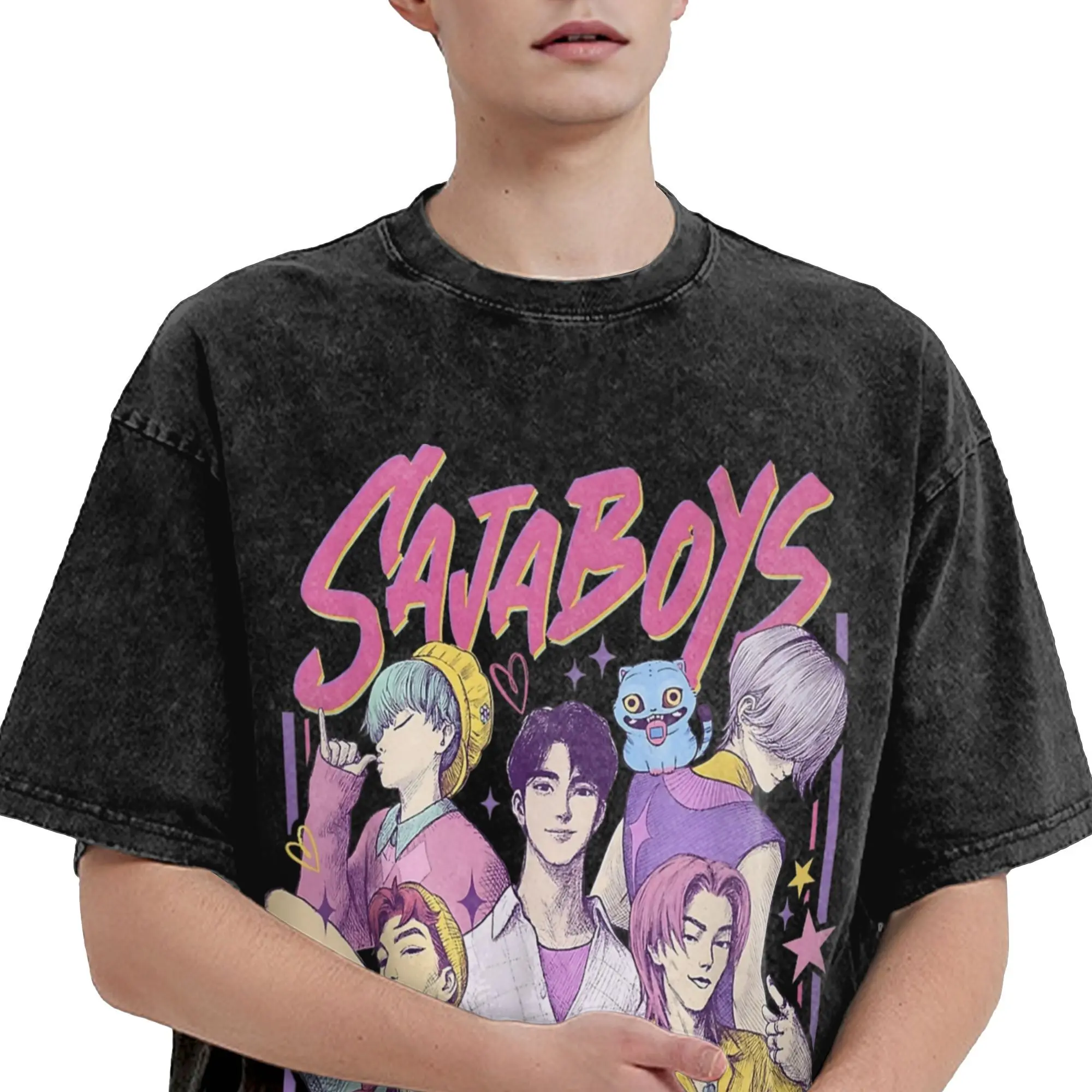 Saja Boys Kpop شيطان الصيادين الجرافيك تي شيرت Harajuku طباعة خمر غسلها تي شيرت الرجال النساء المتضخم القطن قصير الأكمام تيز