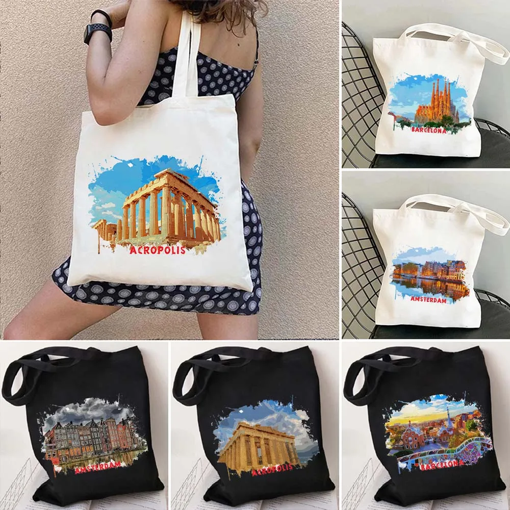 Acropolis Greece Barcelona Spain Amsterdam Netherlands Watercolor Ink Painting Shoulder Canvas Tote Bag Harajuku Shopper Handbag