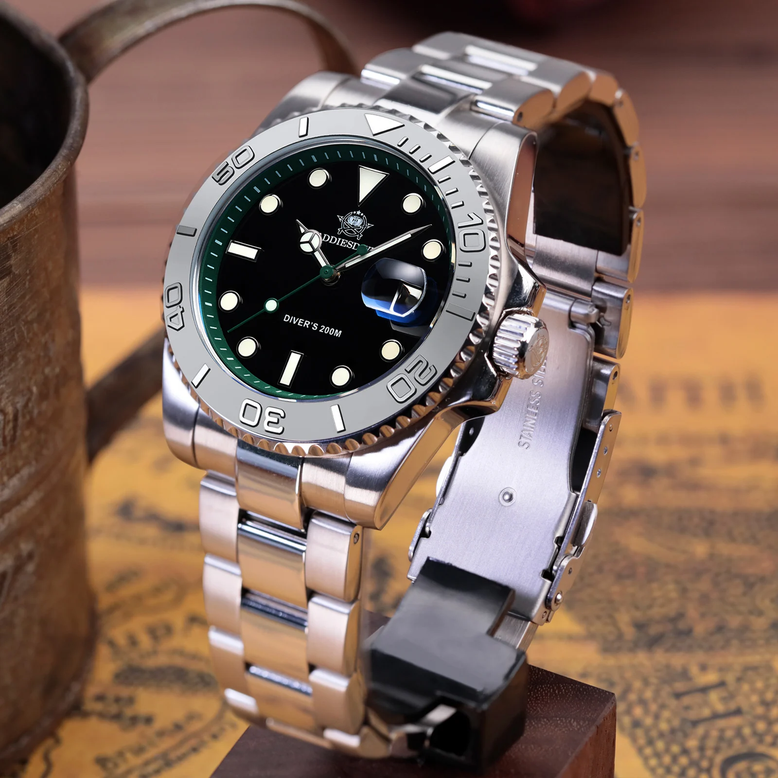 ADDIESDIVE 200m Diver Stainless Steel Watches For Men Business Waterproof Luminous 41mm Quartz Watch Rotatable Bezel Clock Sport