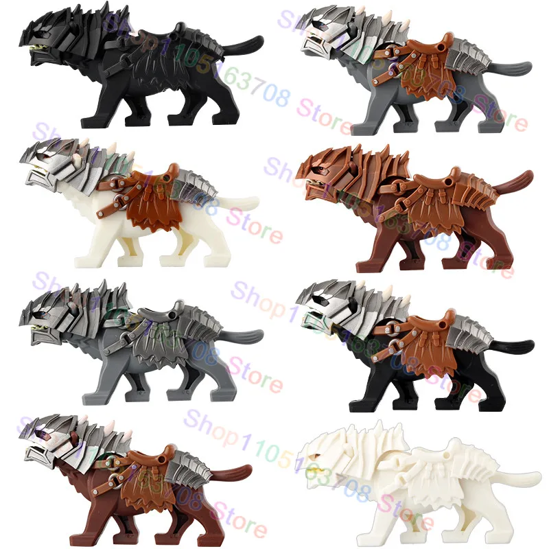 MOC Medieval Wolf Building Blocks Castle Army Knight Soldiers Figures Mount Animal Bricks Wolf Saddle Flag Toys Gift P8011-8018