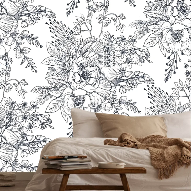 Customized Size Mural Hand Drawn Flowers and Plant Sketches Black and White Style Background Decoration Paintings 3D Wallpaper