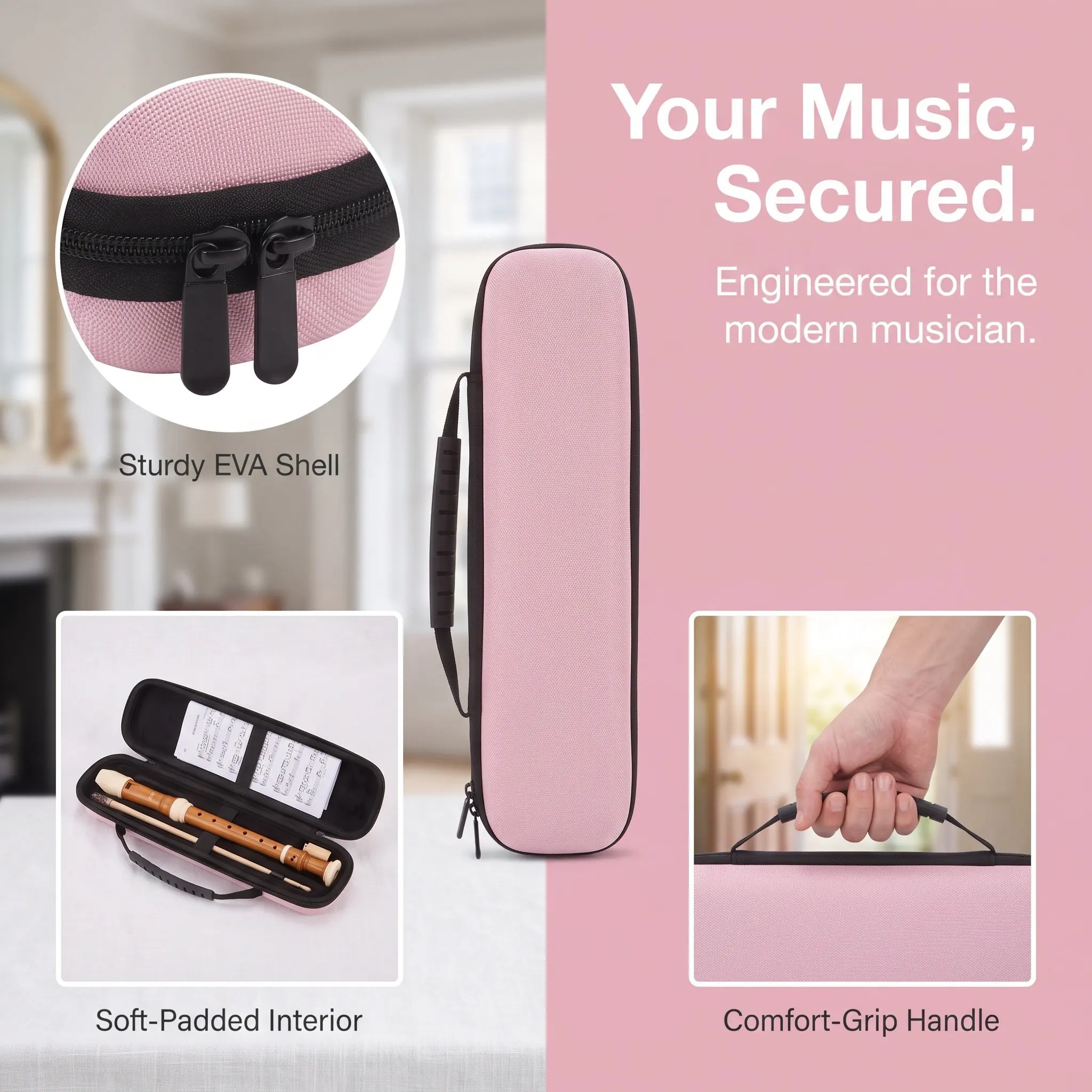 Recorder Case Eva Waterproof Shockproof Zipper Carrying Bag Portable Handle Soft Lining Protective Storage for Soprano Recorder