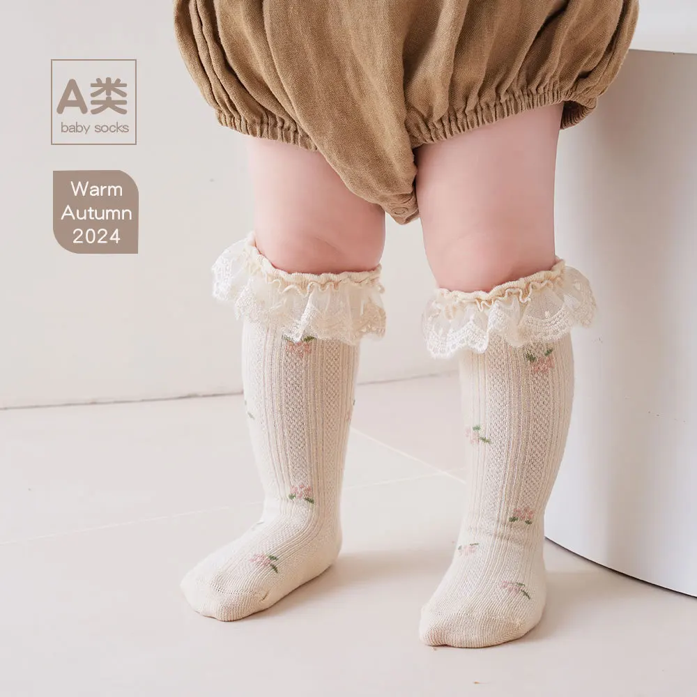 Baby Toddler High Knee Lace Ruffle Socks Summer Hollow Elastic Stockings Infant Kids Girls Sweet Cute Loose Mid-Calf Socks 0-5 Y