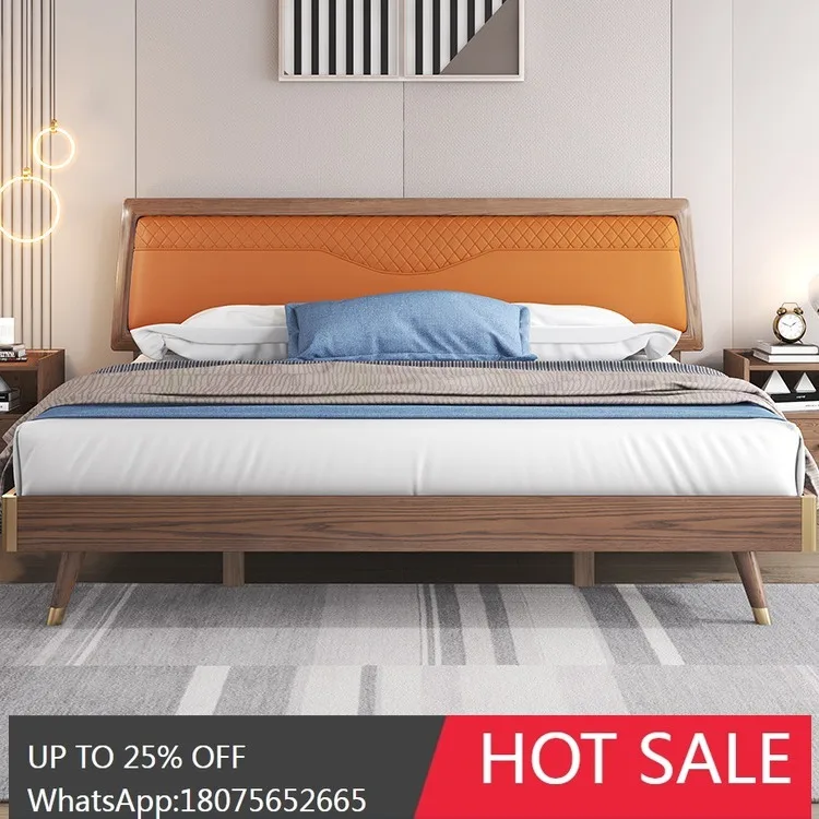 MJY Nordic Solid Wood Genuine Leather Master Bedroom Light Luxury White Ash Double Bed Soft Bed