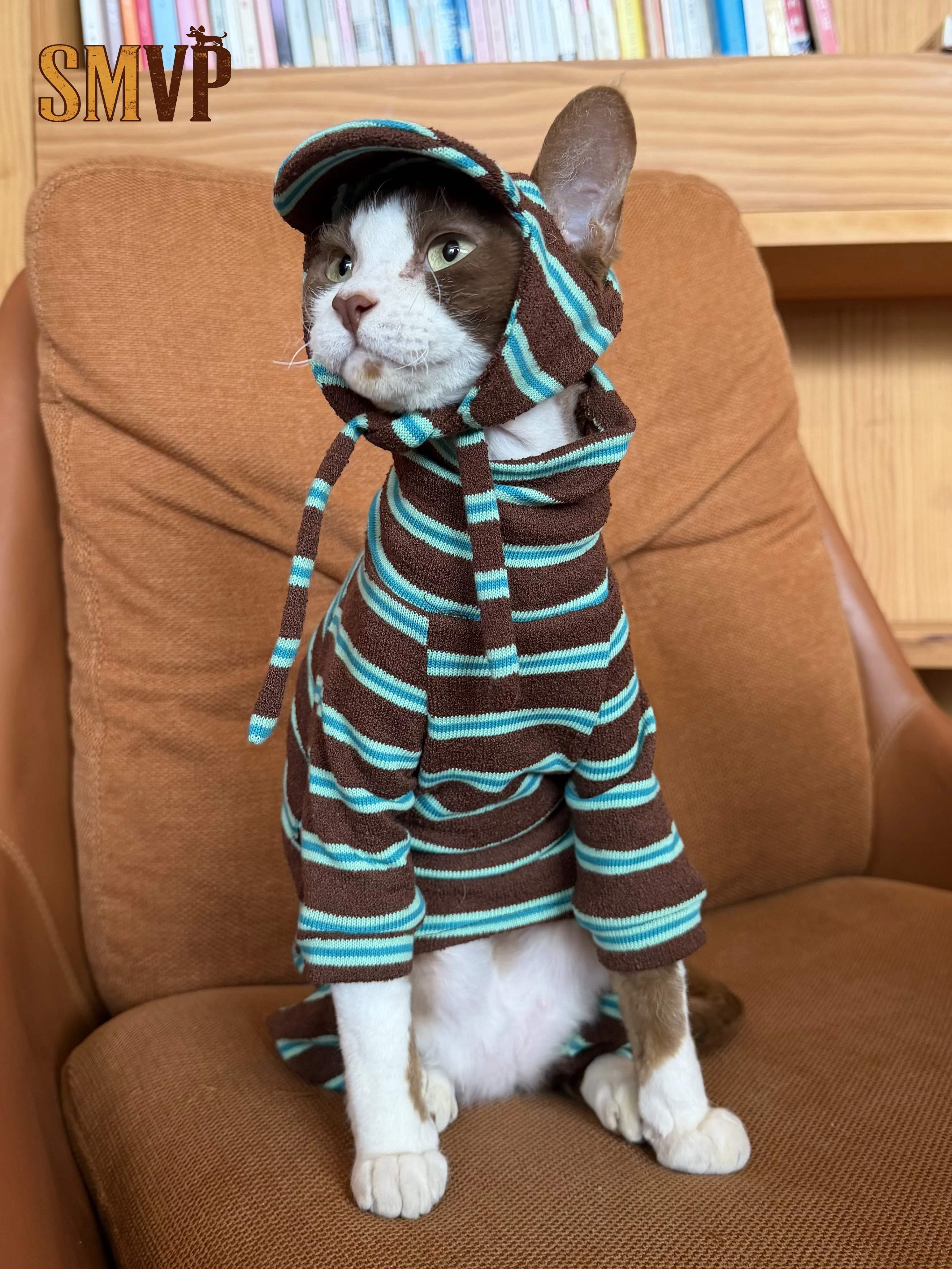 

Soft and Comfortable Knitted Brown Blue Striped Hoodie with Korean Style Pet Cat Small Dog Clothes Can Be Worn in All Seasons