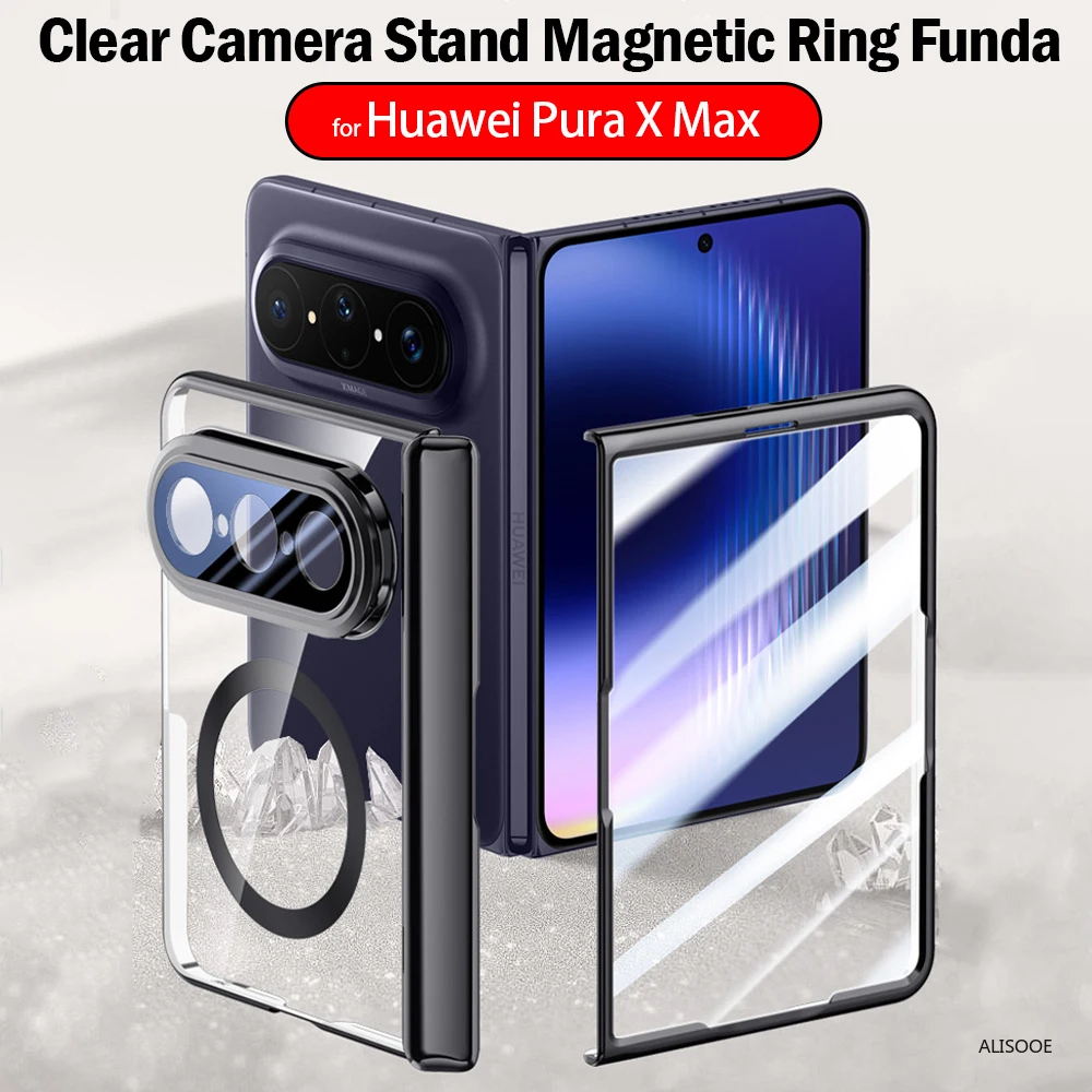 

Transparent Camera Stand Funda for Huawei Pura X Max Case Plating Hinge Magnetic Magsafe Protection Cover Front Screen Film