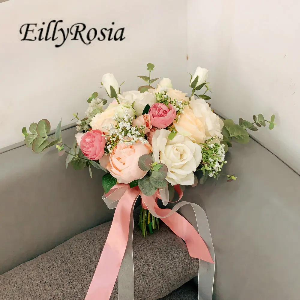 EillyRosia New Pink Cream Wedding Bouquet para dama de honra Flor Greennery Natural Bonito País Fotografia Casamento Outdoor