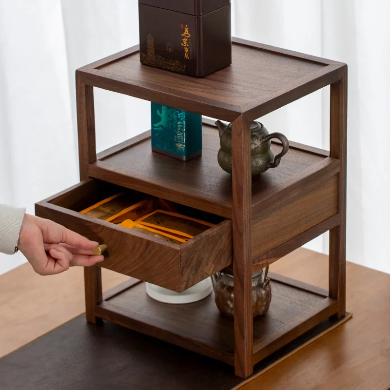 Black walnut solid wood set storage rack room ornaments dust-proof rack tea set dust-proof storage