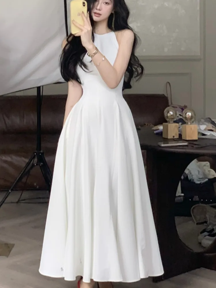 

France Vintage Halter Evening Party Long Dresses For Women Solid Sleeveless A-line Princess Wedding Prom Robe New Spring Vestido