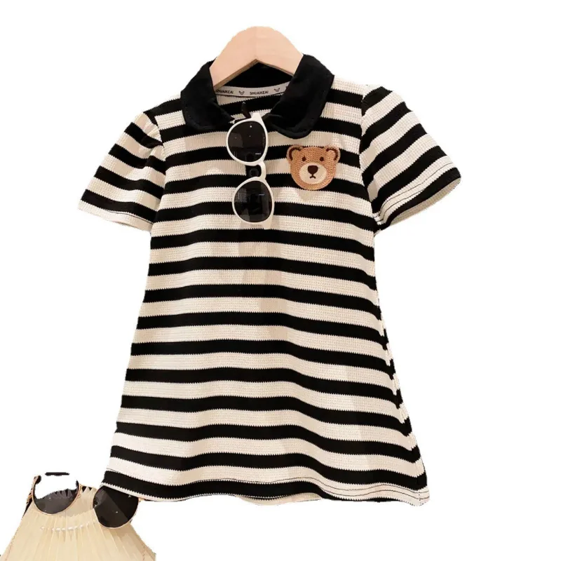 Kids Girls Clothes Summer Dress Cute Cartoon Bear Dress Baby Girls Black and White Stripes Polo Dress Preppy Style Casual Dress