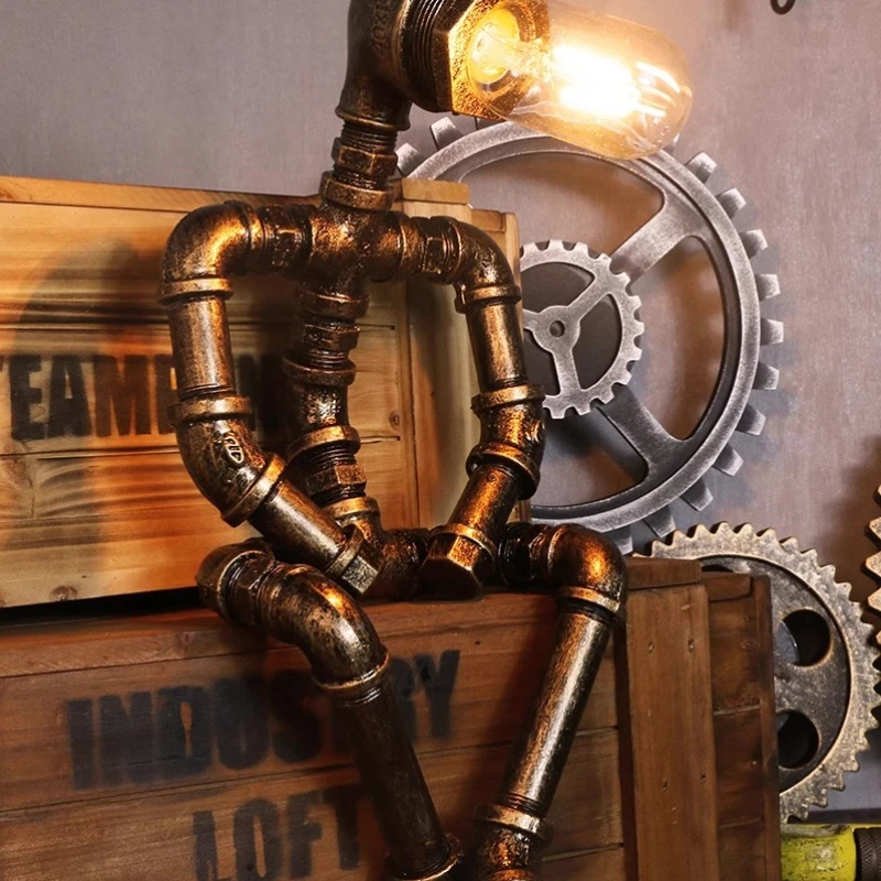 

Retro industrial style decoration creative punk birthday gift coffee bar water pipe robot atmosphere table lamp ornament