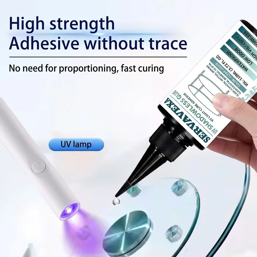 Transparentes UV-Kleber-Set 110ml mit Aushärtungslampe Starker Flüssigkleber für Glas Kristall Metall Reparatur Durchsichtig Wasserdicht