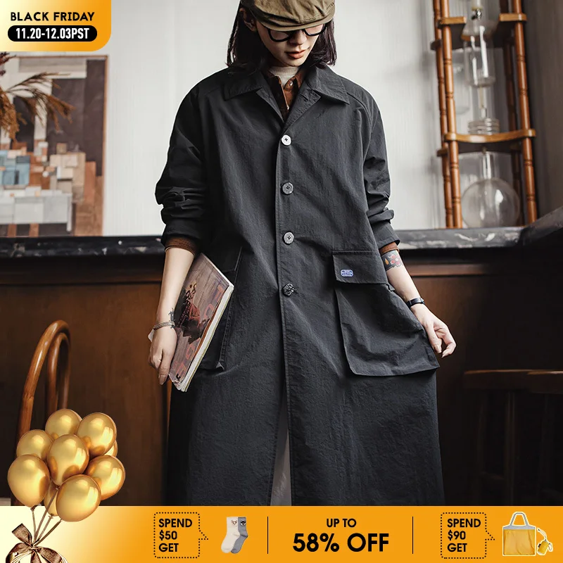 

Maden Women's Black Balmacaan Coat Single-Breasted Collar Mid-Length Windproof Overcoat for Spring and Fall Commuter Trench Coat