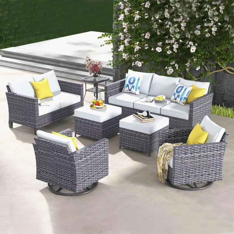 

Patio Furniture Set Outdoor Wicker Rattan Sofa Couch with Swivel Rocking Chairs, Loveseat and Comfy Cushions Conversation Set