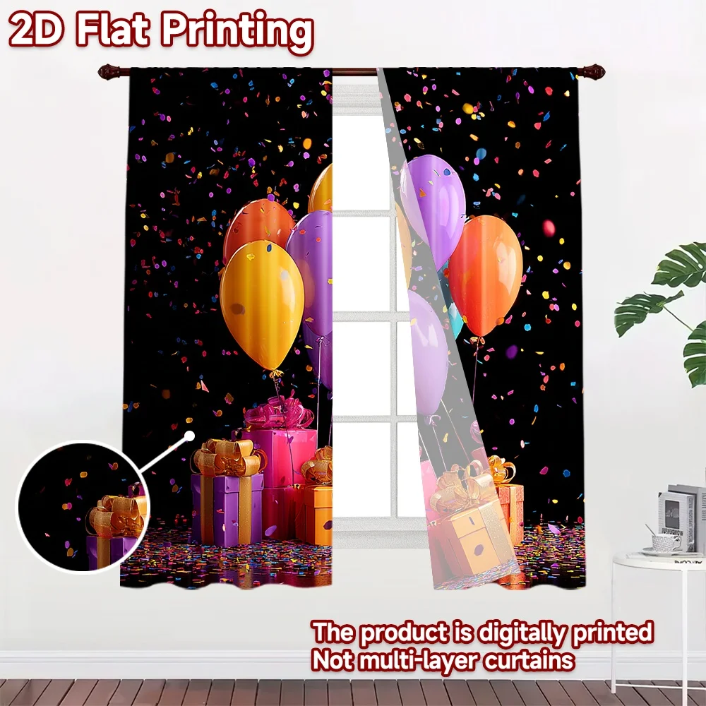 2D flat printing 2pcs Curtains Birthday Balloons Confetti Gifts Digital Printed Polyester Drapes Festive Holiday Perfect for