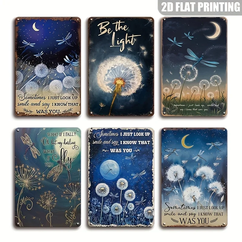 2D Flat, 2D Flat - 6pcs Set 2D Flat Vintage Metal Wall Decor | Blue Dandelion and Moonlit Sky Design with Inspirational Quotes,