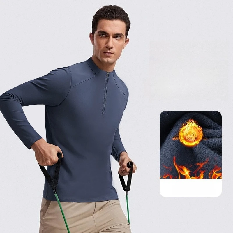 

Thickened Fleece - Lined Half - Zip Stand Collar Long - Sleeve Athletic Training Top with YKK Zipper Stretch T-shirt