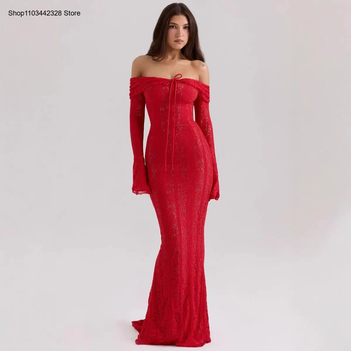 Robe élégante en dentelle ajourée, manches évasées, sans bretelles, robe de soirée moulante pour femmes, garde-robe printemps été et automne