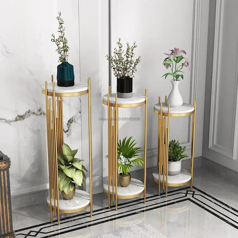 Marble Flower Stand Iron Storage Rack Living Room TV Cabinet Floor Decoration Balcony Flowerpot Rack