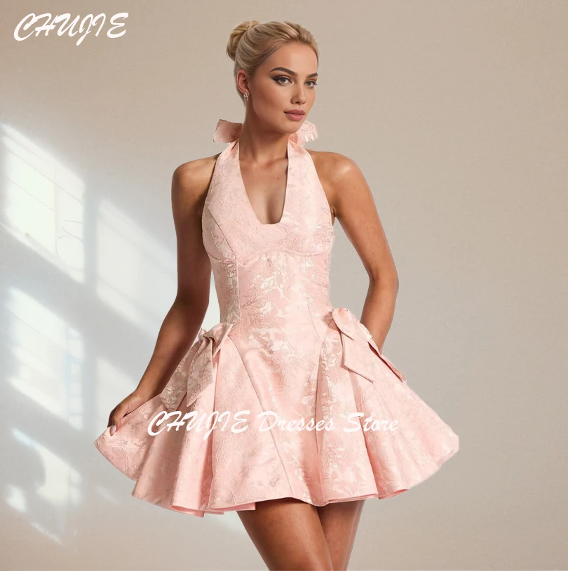 

Halter Mini Fashional Cocktail Dresses Woman Mini V Neck Girl's Graduation Dress Customized A Line Short Wedding Prom Dress Gown