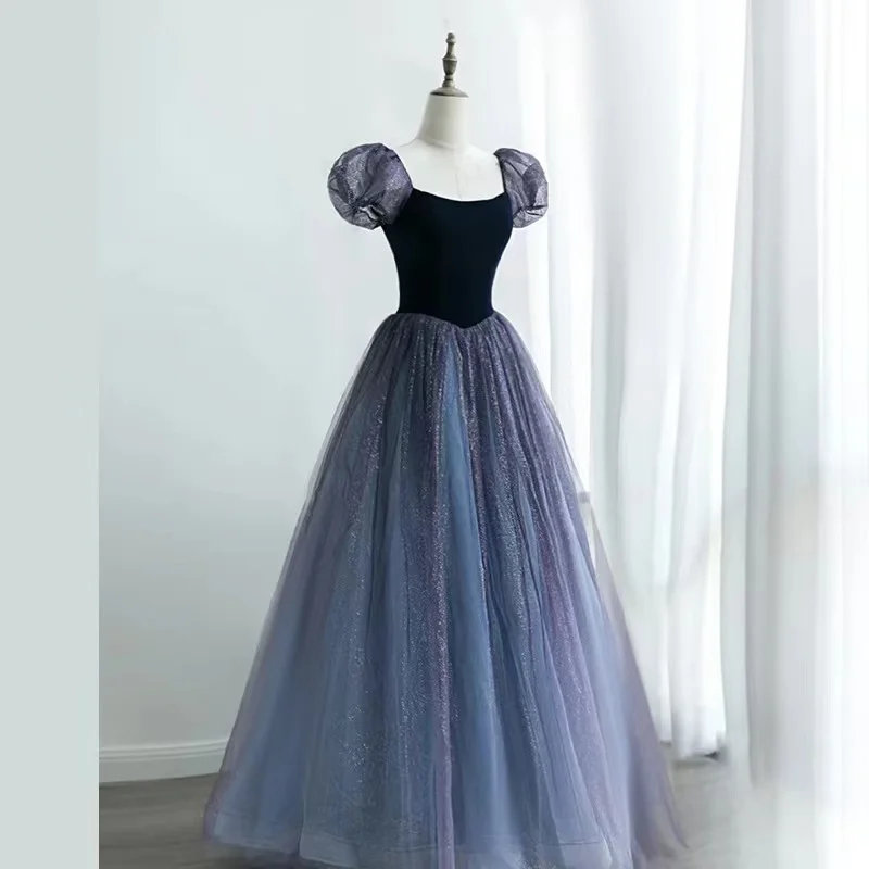 

Gradient Blue Prom Dresses Shiny Sequins A-Line Pleated Boat Neck Puff Sleeves Big Bow Bandage Floor-Length Tulle Celebrity Gown