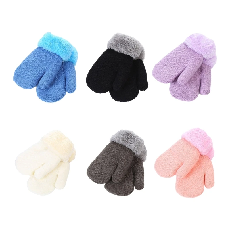 1 Pair Winter Thick Plush Gloves for Children Aged 0-3 Years Baby Child Hand Warmer Jacquard Solid Color Warm Mittens