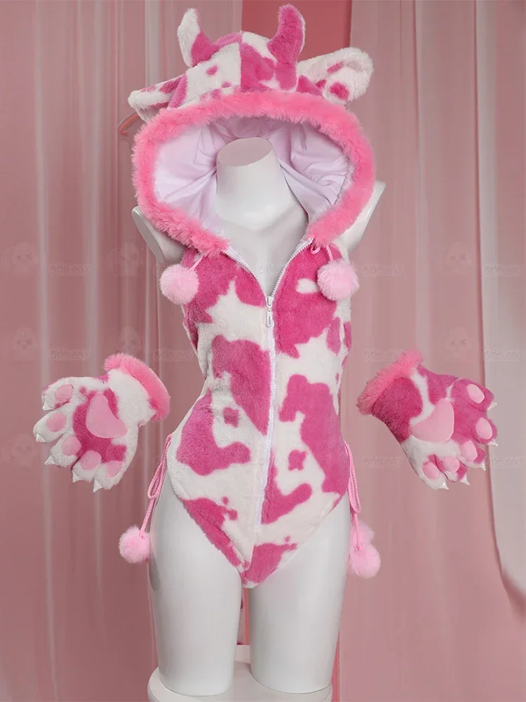 

Original Claw Strawberry Pink Cow Plush Cosplay costume Cute Anime Costume Jumpsuit Set Role Playing Interactive Peripheral Gift