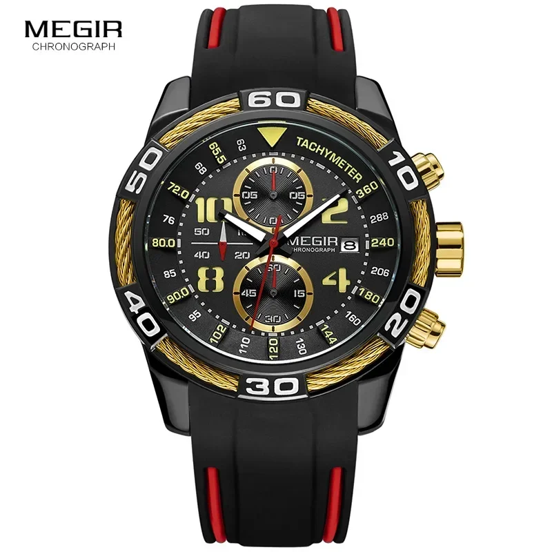 Megir Heren Sport Chronograaf Quartz Horloges Waterdicht Siliconen Leger Racing Lichtgevende Klok Relojios Masculinos 2045-1N3