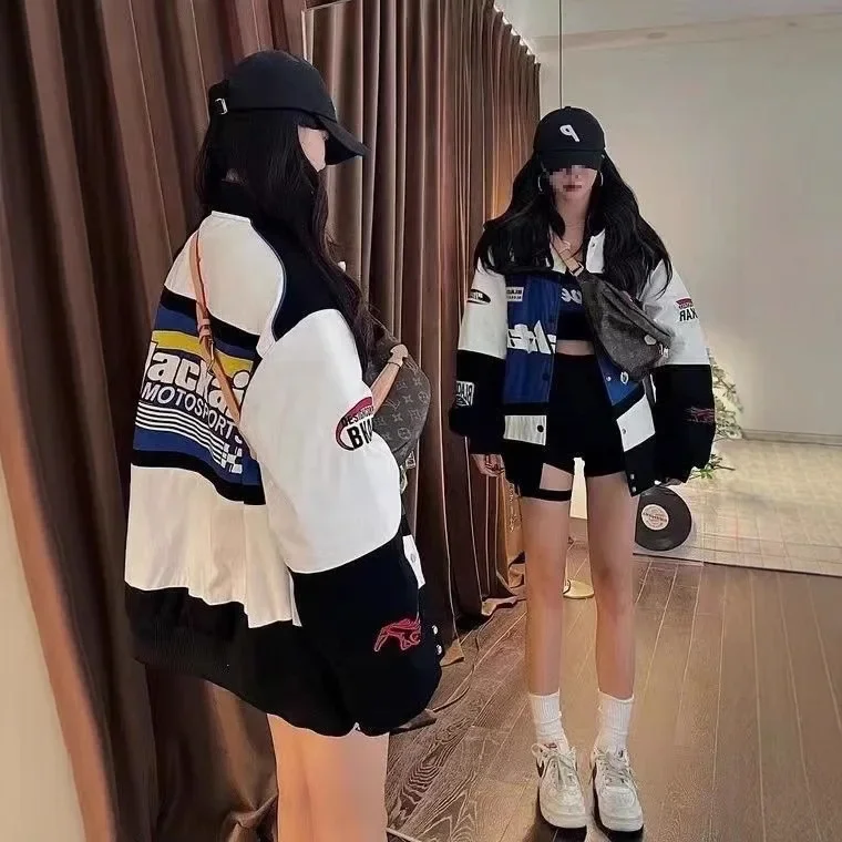 Baseballová bunda s vysokou výšivkou pro muže a ženy v pouličním stylu, motocyklové závodní kabáty, volný střih, tenké svrchní oblečení - náhled 4