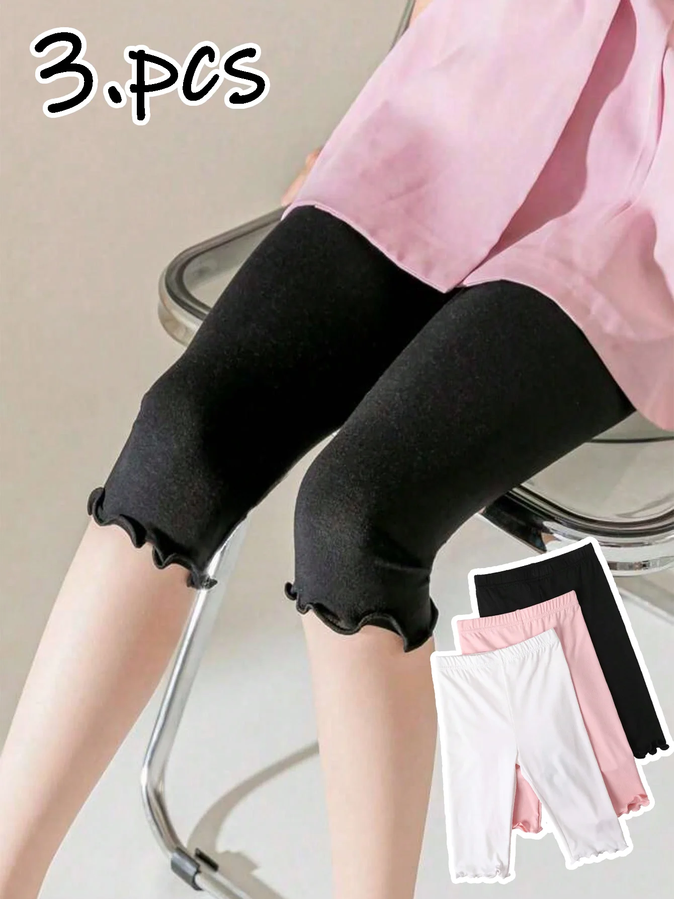 3 Pairs of Children's Wavy Edge Middle Leggings, Simple, Cute and Fashionable Tight Pants for Girls Aged 2-11Y for Daily Wear in Summer