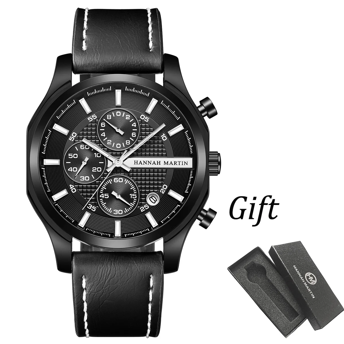 

Мужские часы Hannah Martin, черные спортивные кожаные часы в стиле милитари, 44 мм, многофункциональные кварцевые часы с календарем, мужские часы