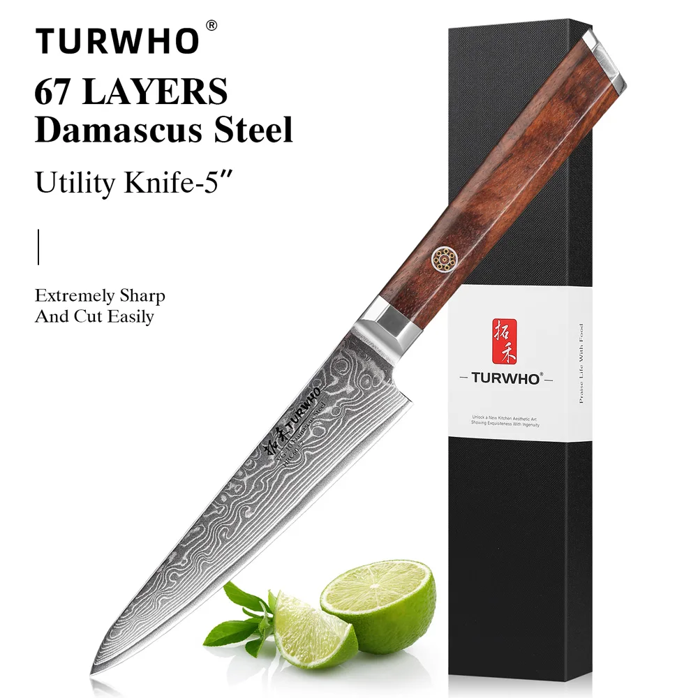TURWHO 5-inch Kitchen Utility Knife Damascus Steel Chef Knives Meat Peeling Fruit Knife Japanese Octagonal Handle Cooking Tools