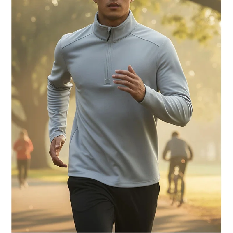 Men's Army Green Half-Zip Mock Neck Fleece Top Warm Lightweight Casual Outdoor Daily Wear Long Sleeve Pullover